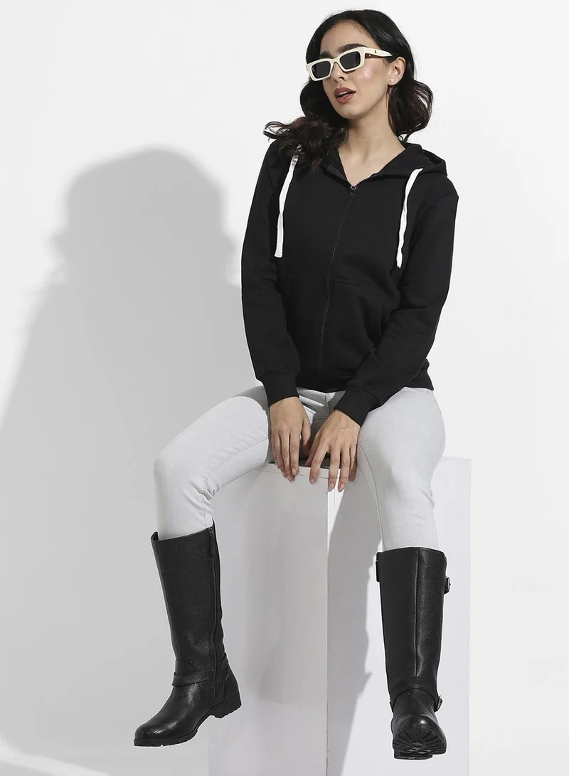 كامبوس سوترا Women's Onyx Black Solid Zip-Front Hoodie For Casual Wear | Hooded Neck | Long Cuffed Sleeves | Zipper Closure | Sweatshirt Crafted With Comfort Fit For Everyday Wear